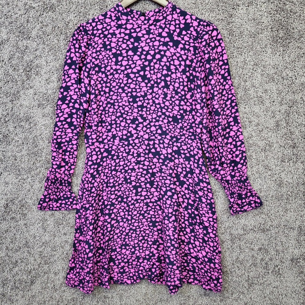 Loft Mini Dress Womens 2 Pink Heart Print Excellent Mock Neck Smocked Cuff